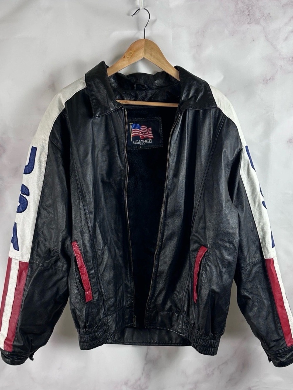 Vintage Leather Jacket USA American Flag Black Red White Blue Size L 90s y2k